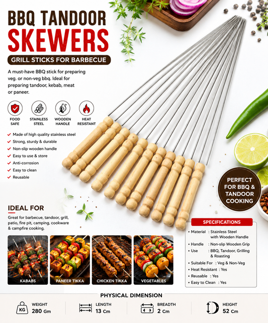 BBQ Tandoor Skewers Grill Sticks with Wooden Handle – Stainless Steel Kebab & Tandoor Skewers for Barbecue, Grilling...