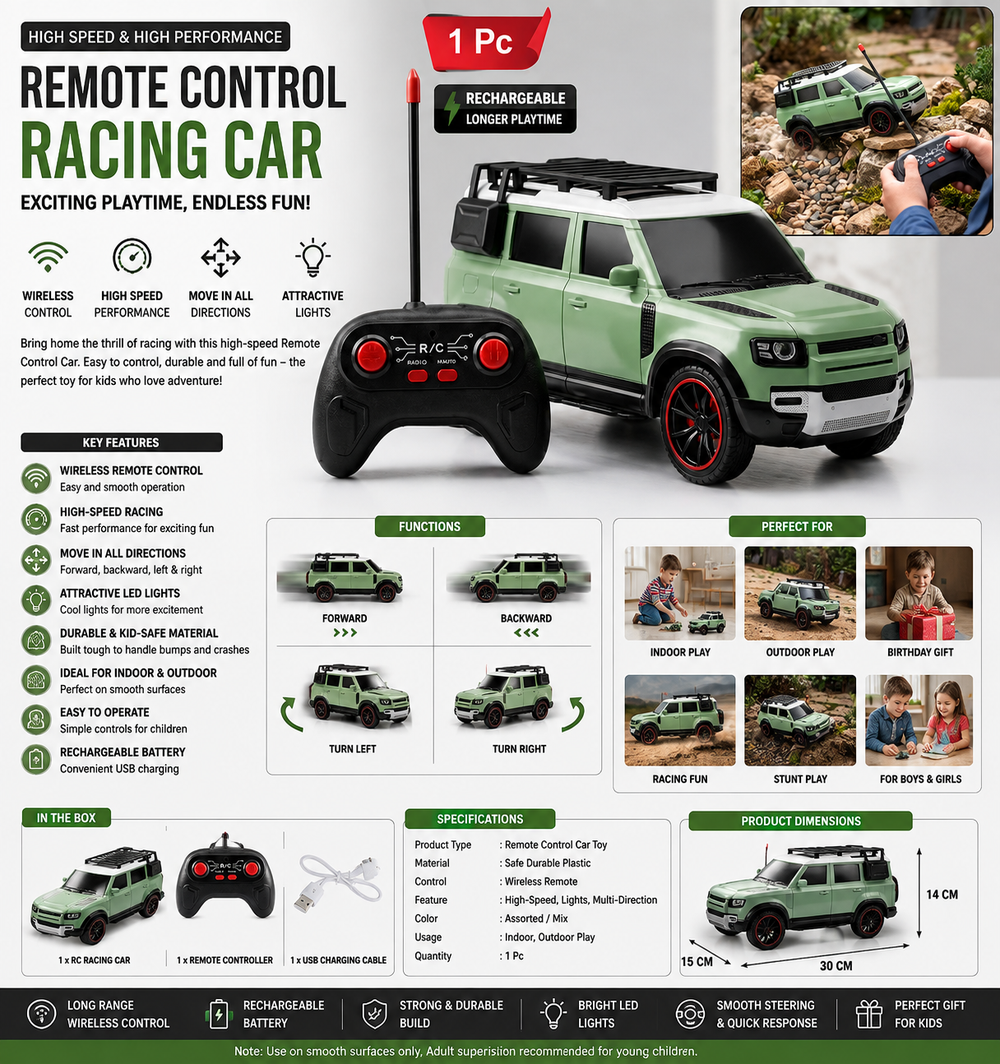 Rechargeable Remote Control Racing Car with Lights | RC Toy | Rizqora