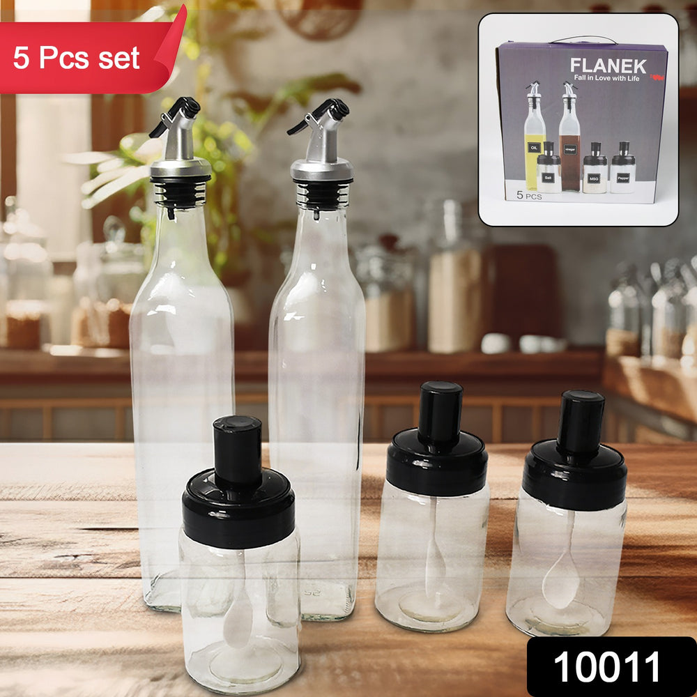 5-Piece Glass Oil Dispenser & Spice Jar Set – 500 ML & 250 ML Kitchen Storage Set