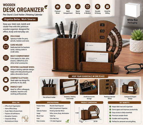 Wooden Desk Organizer with Pen Stand & Card Holder | Rizqora