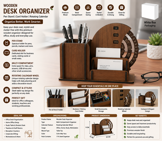 Wooden Desk Organizer with Pen Stand & Card Holder