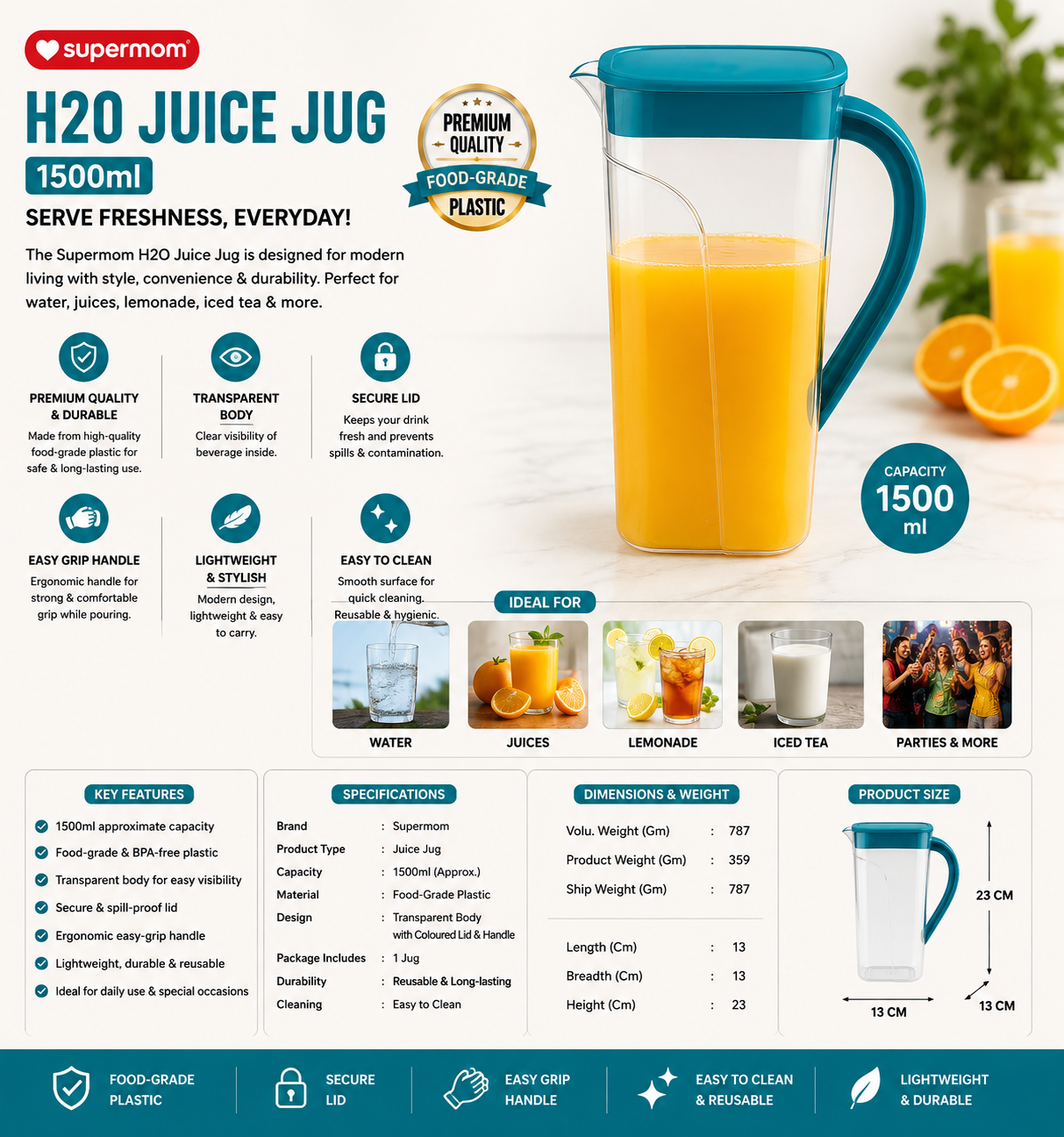 Supermom H2O Juice Jug 1500ml – Plastic Water & Juice Pitcher with Secure Lid and Easy-Grip Handle (1 Pc)