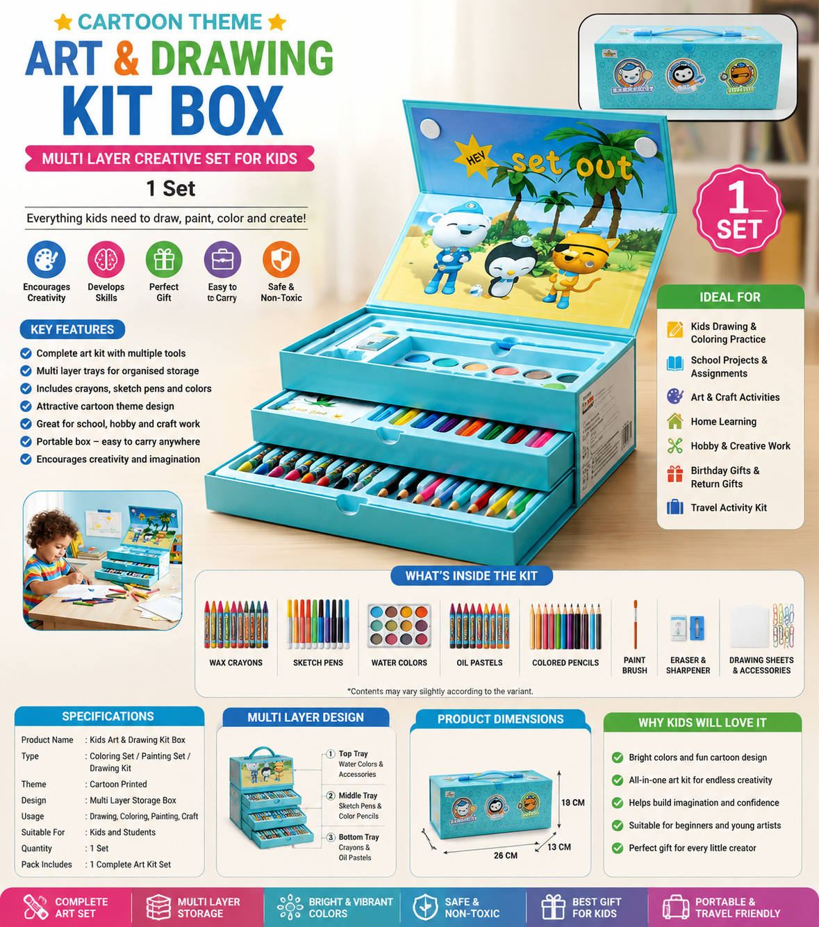 Kids Cartoon Art & Drawing Kit | Multi-Layer Coloring Set