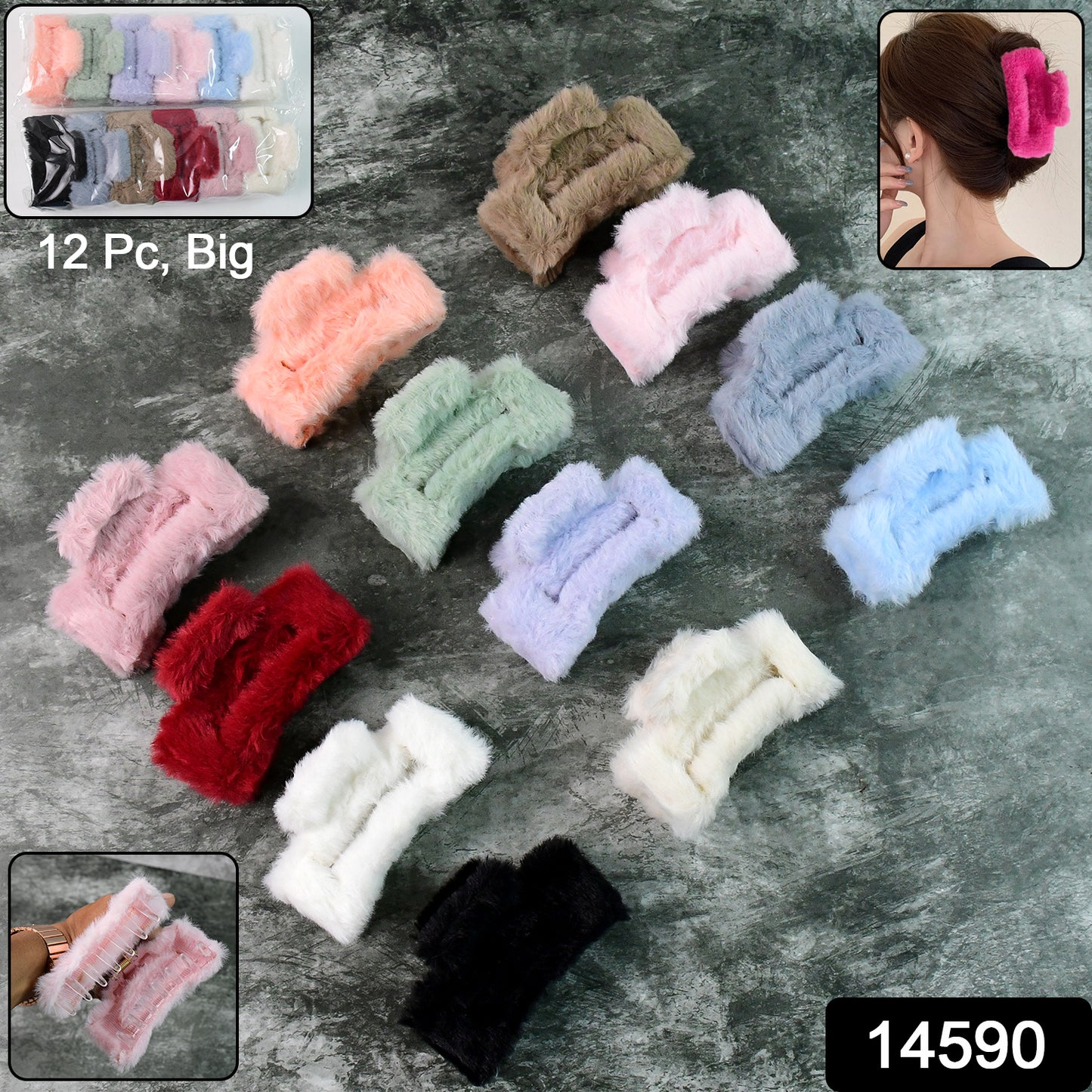 RIZQORA 12-piece soft faux fur hair claw clip set