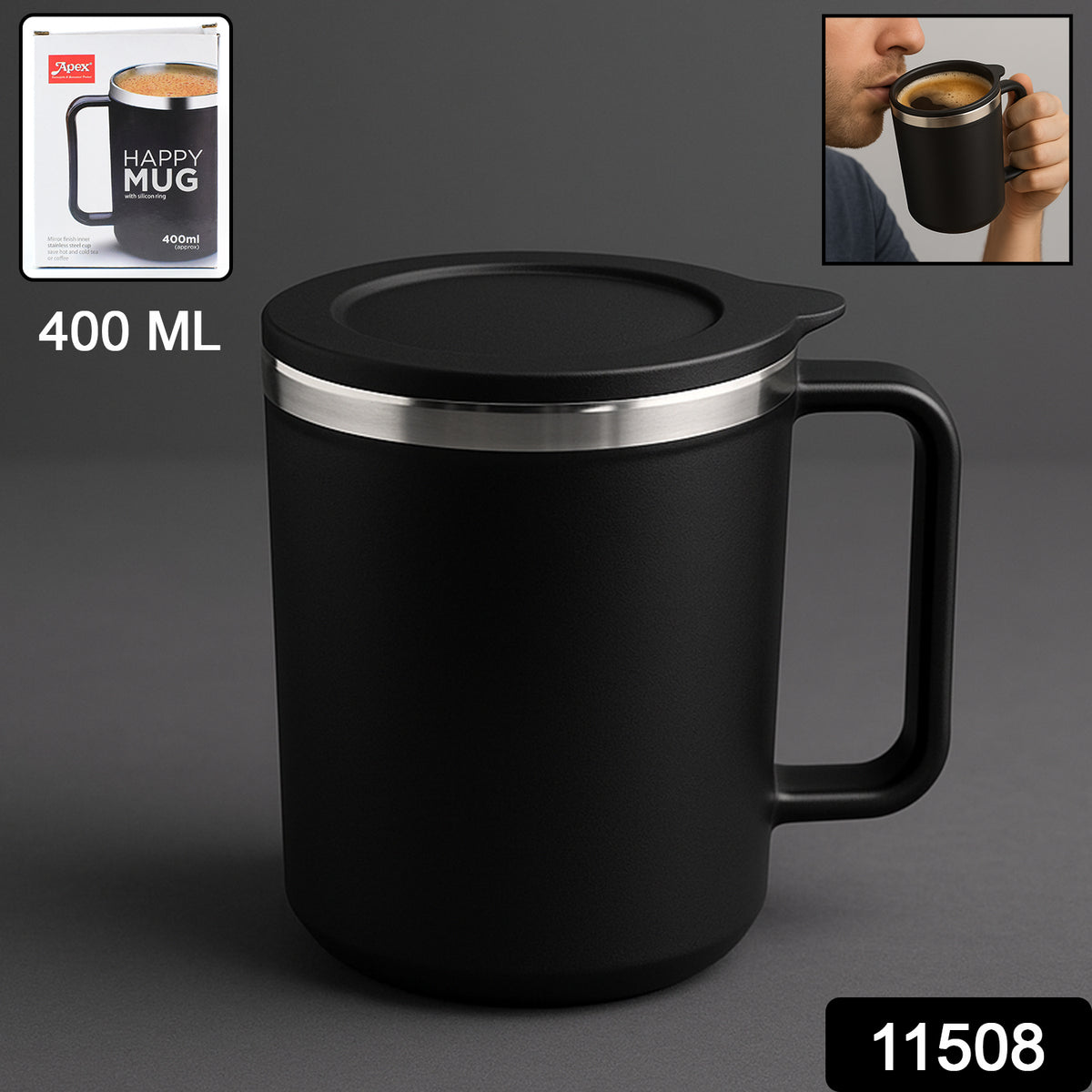 RIZQORA 400ml double-wall insulated coffee mug with lid
