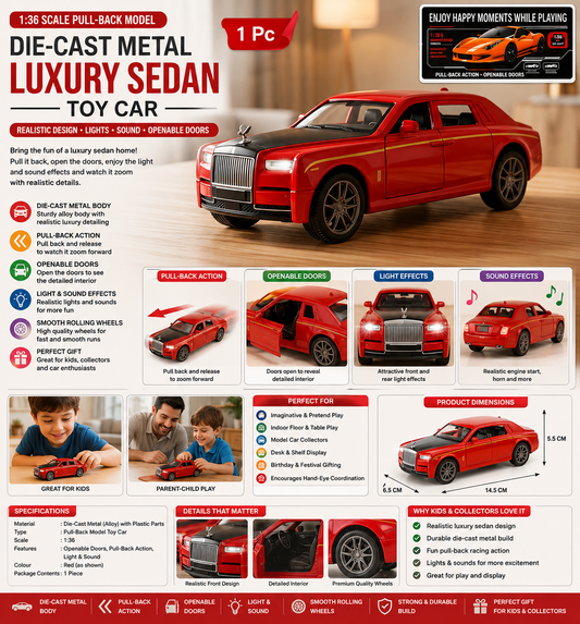 1:36 Die-Cast Metal Pull-Back Car | Lights & Sound