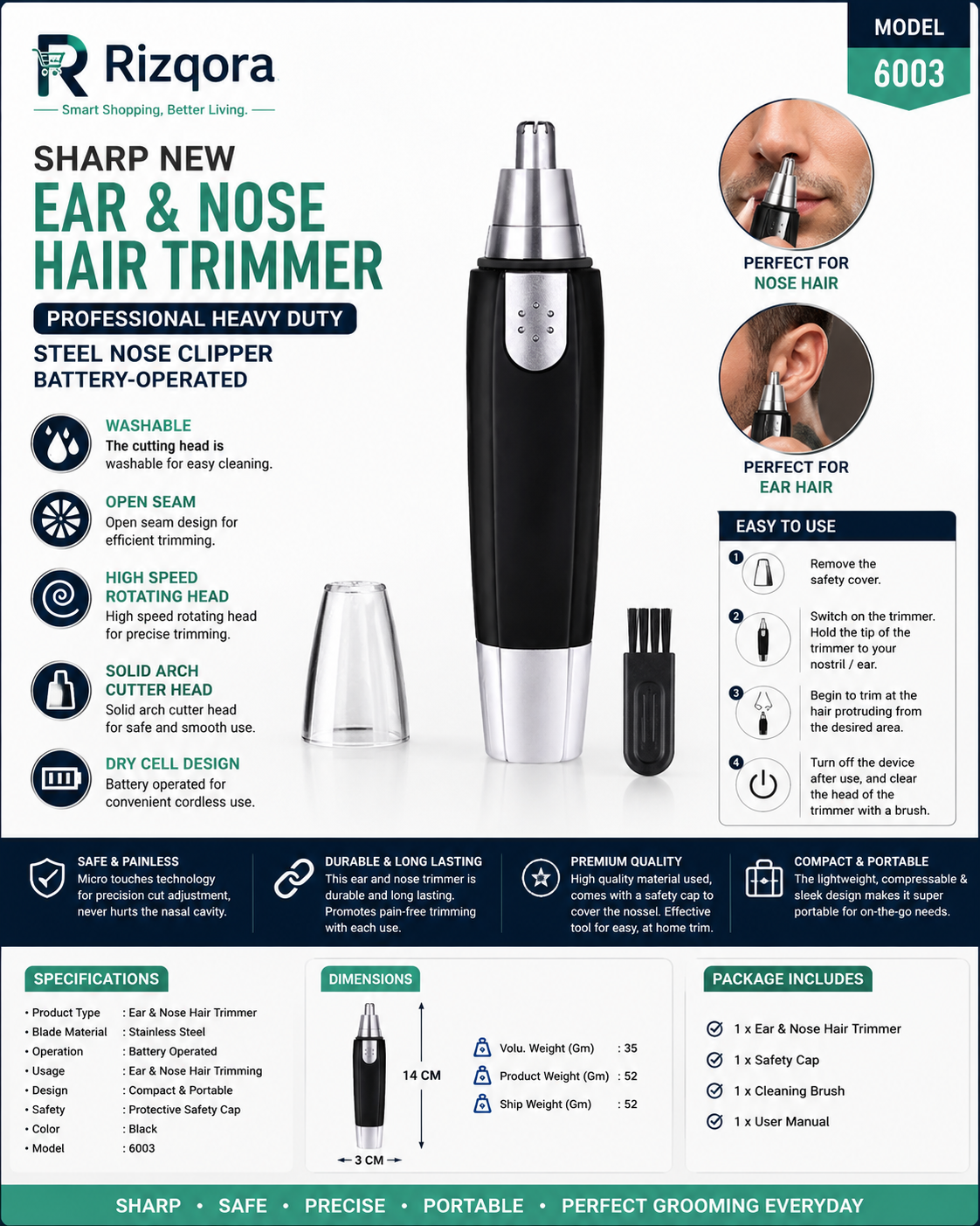 Professional Ear & Nose Hair Trimmer for Men | Stainless Steel Precision Trimmer | Battery Operated Nose & Ear Hair...