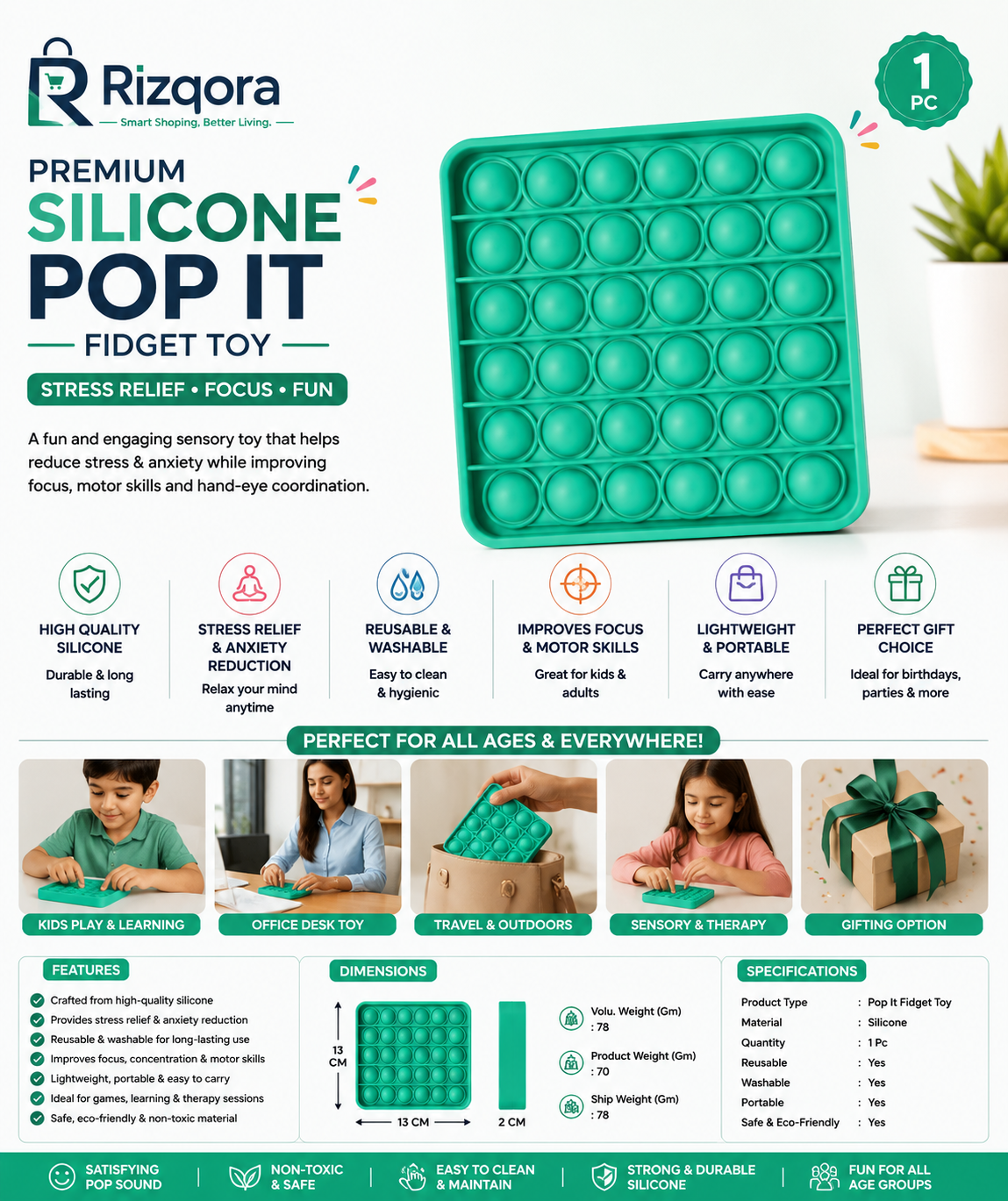 Premium Silicone Pop It Fidget Toy | Reusable & Washable Bubble Popper Stress Relief Toy for Kids & Adults | Sensory...