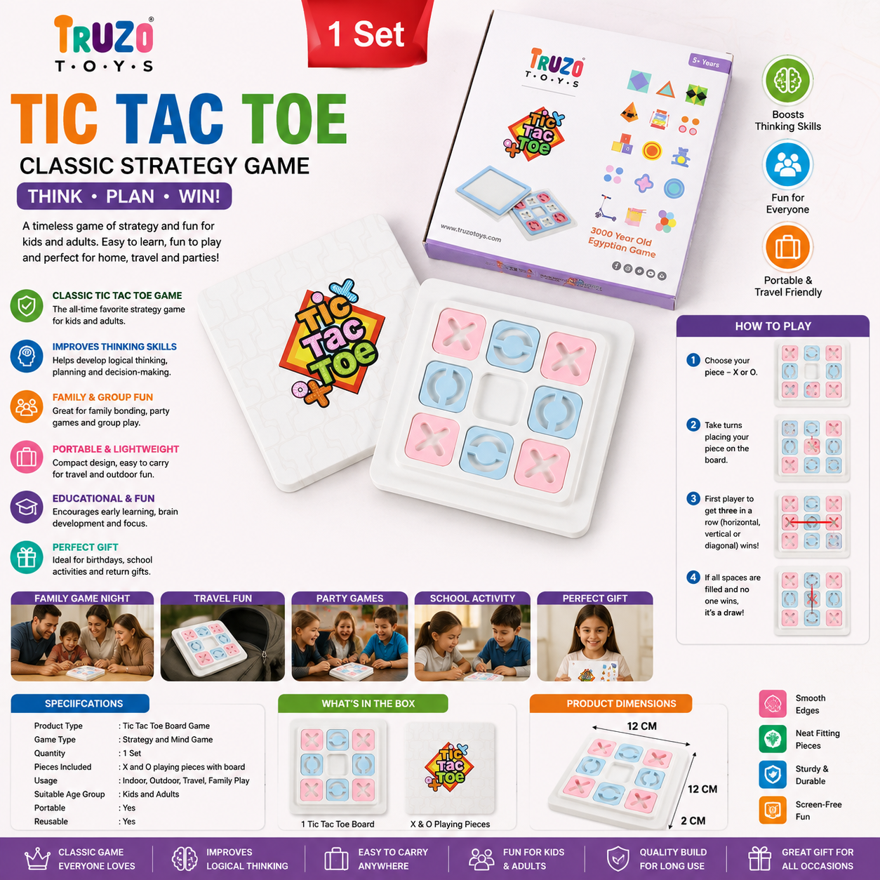 Tic Tac Toe Board Game | Classic Strategy Mind Game for Kids & Adults
