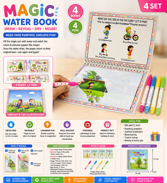 Magic Water Drawing Book for Kids | Reusable Water Pen Activity