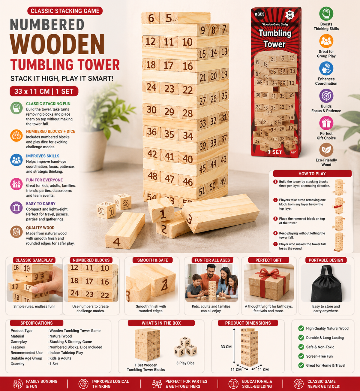 Numbered Wooden Tumbling Tower Game with Dice | Kids & Family