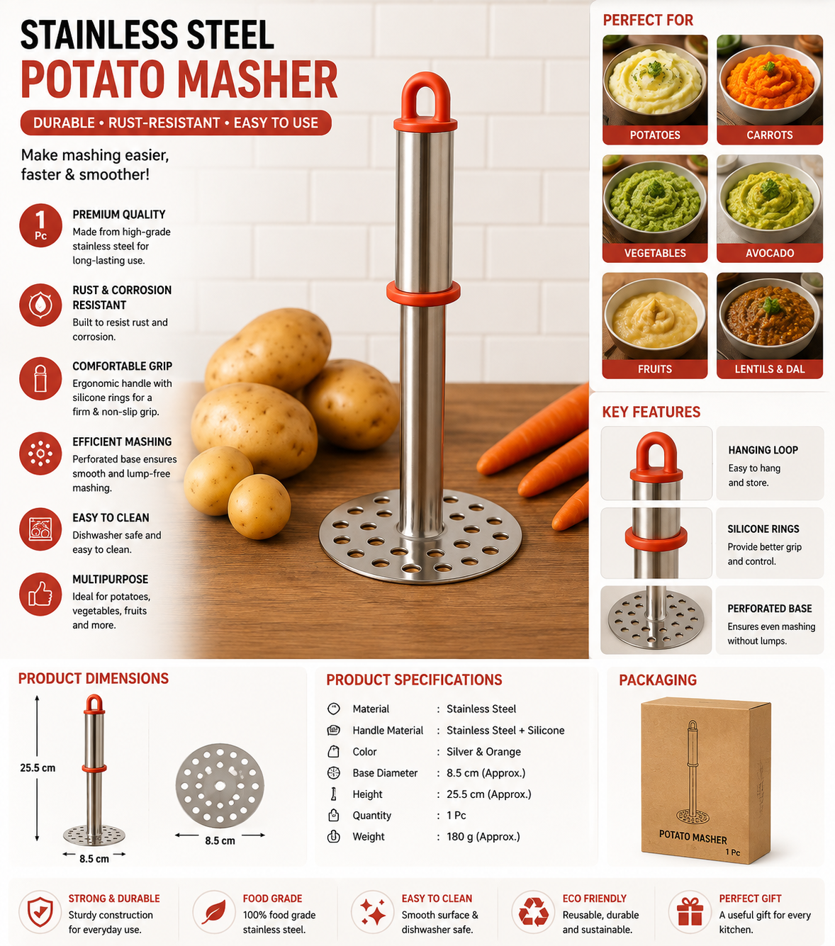 Stainless Steel Potato Masher with Ergonomic Handle | Heavy-Duty Vegetable & Fruit Masher