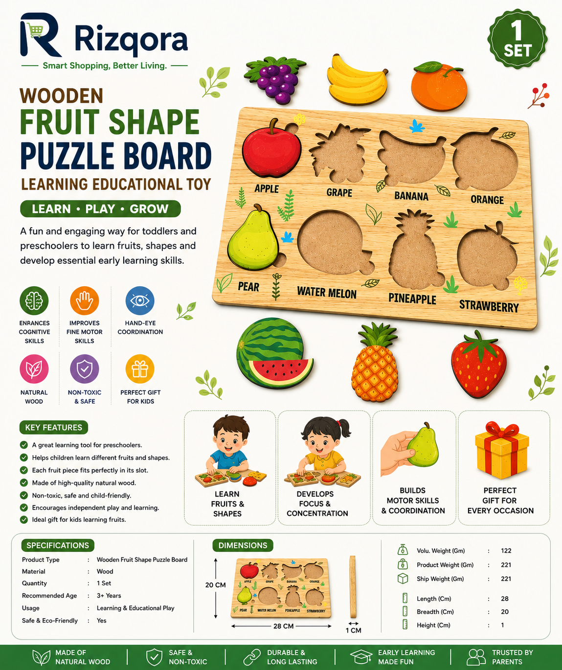 Wooden Fruits Puzzle Learning Educational Board (1 Set 2820 Cm)
