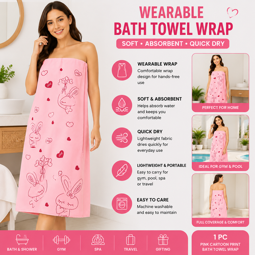 Women’s Wearable Bath Towel Wrap with Side Pockets – Soft Absorbent Quick Dry Pink Cartoon Print