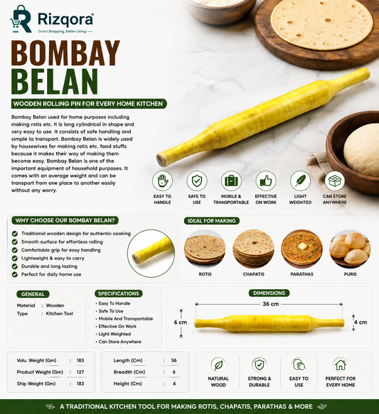 Bombay Wooden Belan – Traditional Roti Rolling Pin for Making Roti, Chapati, Paratha & Puri