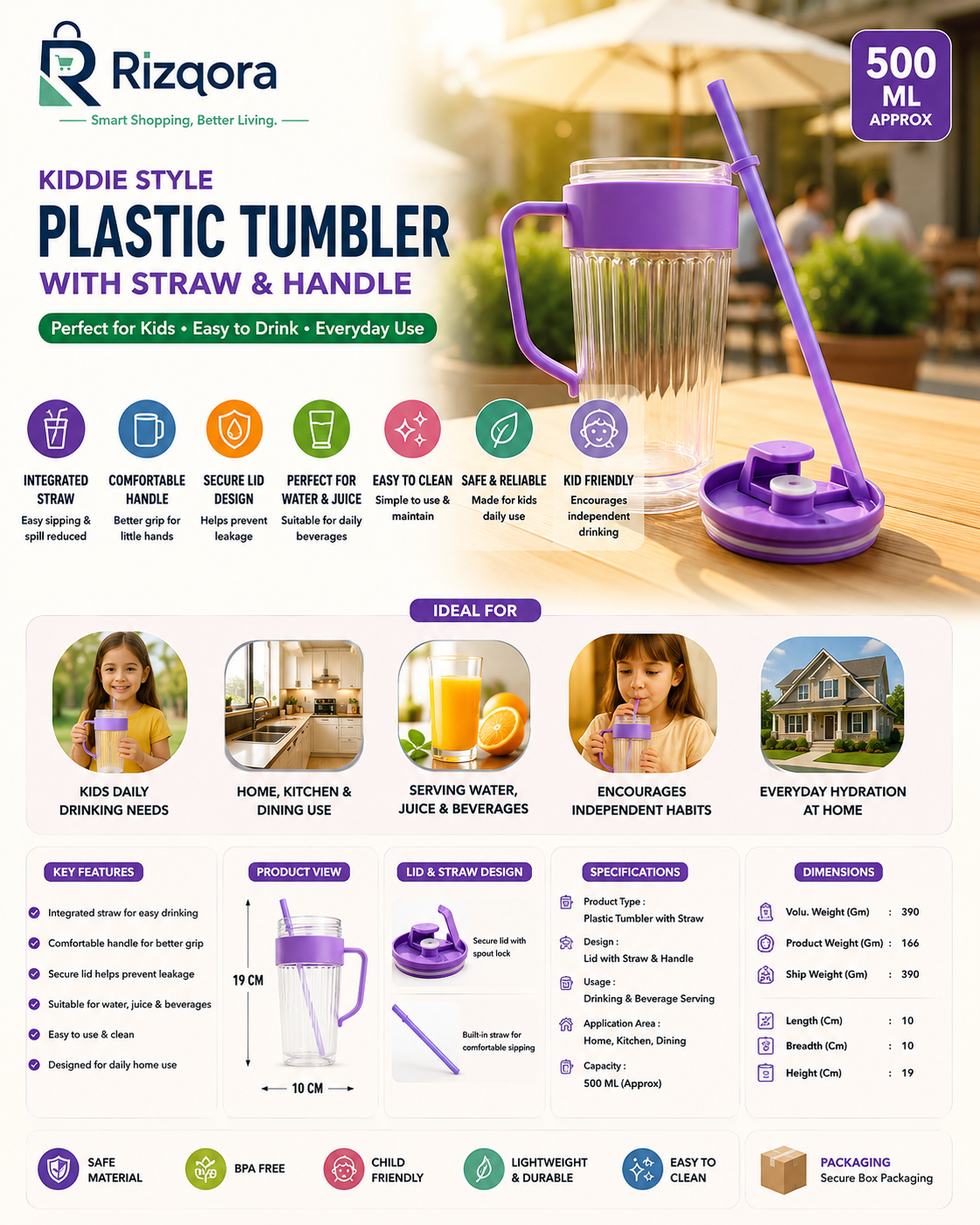Kids Plastic Tumbler with Straw & Handle – 500 ML Approx Reusable Drinking Cup for Water & Juice | Child-Friendly...