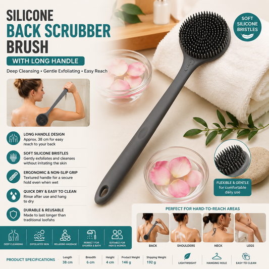 Silicone Back Scrubber Brush with Long Handle – Soft Body Shower & Bath Exfoliating Brush