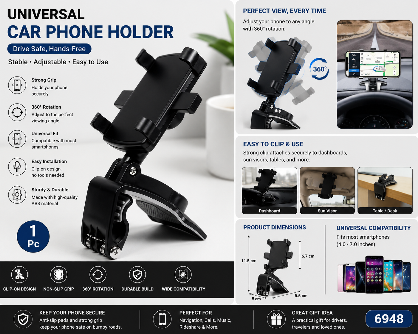 360° Universal Car Dashboard Phone Holder | Adjustable Clip Mount for Car, Desk & Office