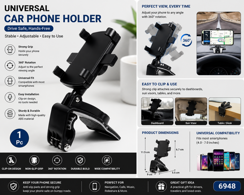 360° Universal Car Dashboard Phone Holder | Adjustable Clip Mount for Car, Desk & Office