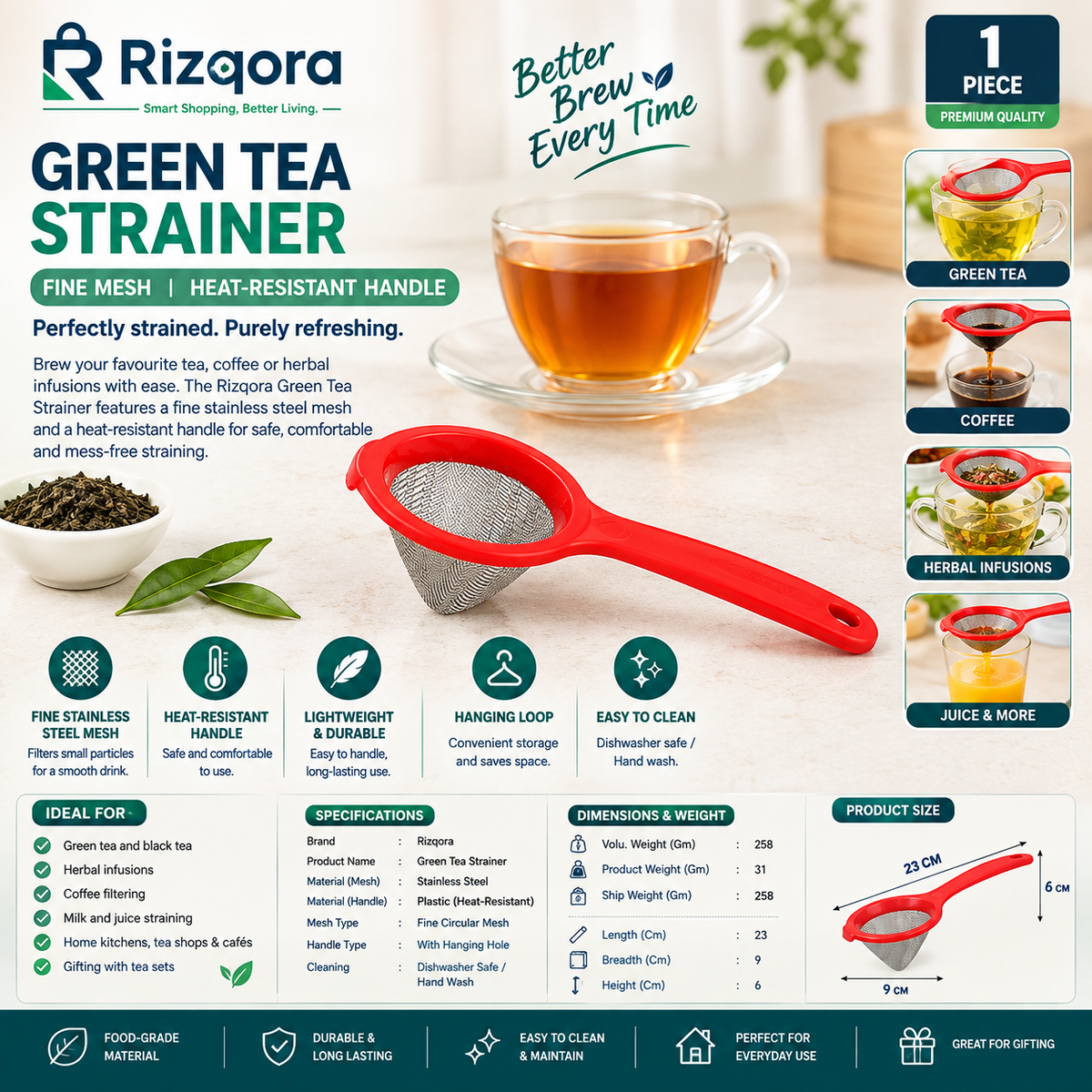 Apex Premium Green Tea Strainer with Fine Stainless Steel Mesh & Heat-Resistant Red Handle – Tea, Coffee & Juice Filter