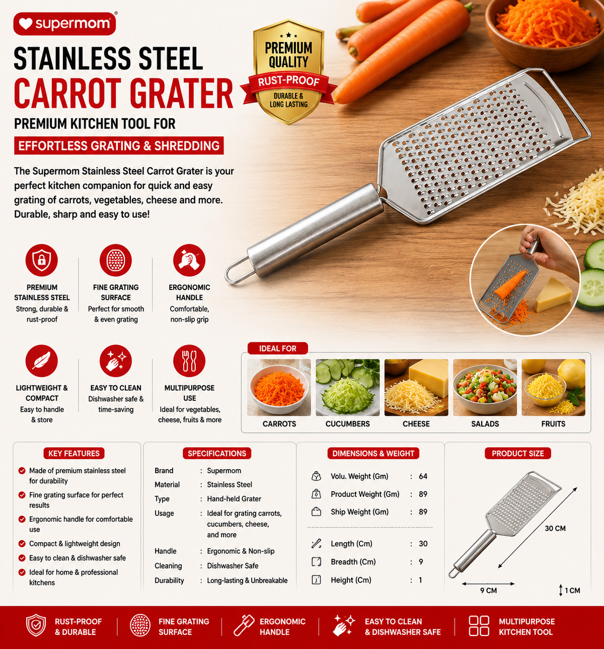 Supermom Stainless Steel Carrot Grater – Handheld Fine Vegetable Grater & Shredder for Carrot, Cucumber, Cheese &...