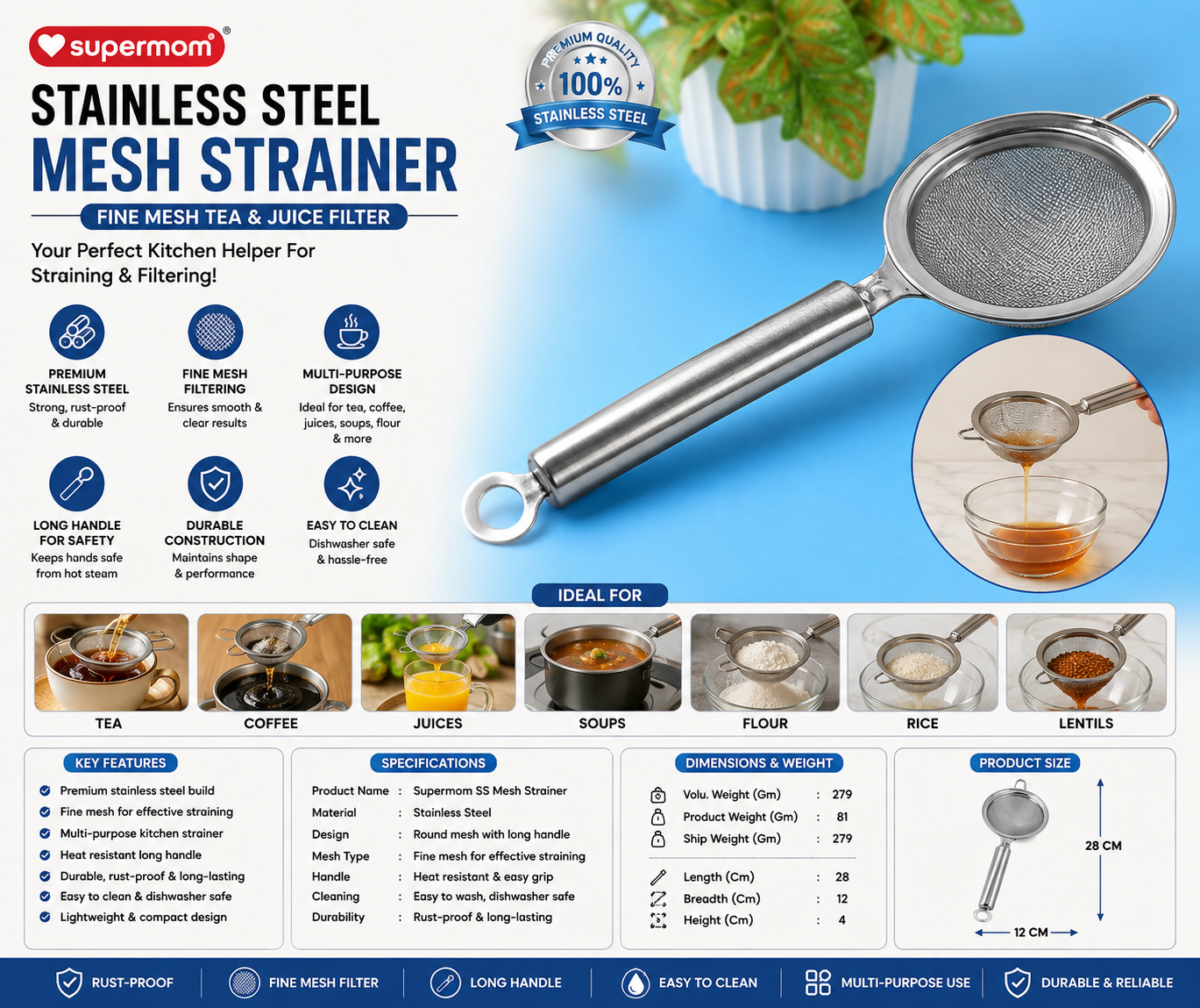 Supermom Stainless Steel Mesh Strainer – Fine Mesh Tea, Juice & Kitchen Filter with Long Handle (1 Pc)