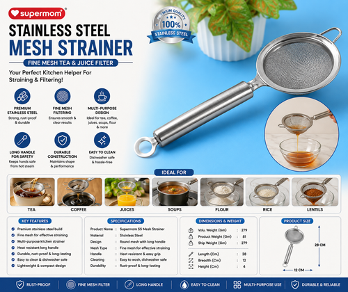 Supermom Stainless Steel Mesh Strainer – Fine Mesh Tea, Juice & Kitchen Filter with Long Handle (1 Pc)