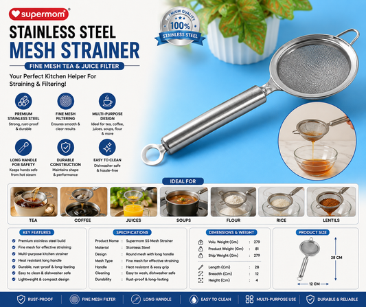 Supermom Stainless Steel Mesh Strainer – Fine Mesh Tea, Juice & Kitchen Filter with Long Handle (1 Pc)