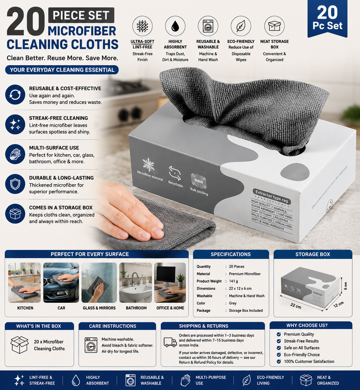 20-Piece Premium Microfiber Cleaning Cloth Set