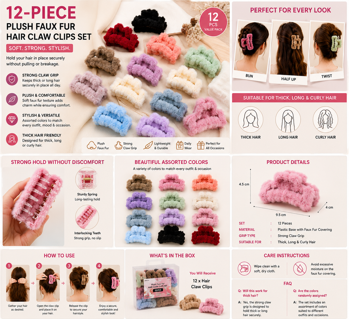 12-Piece Soft Faux Fur Hair Claw Clip Set - product photo 2