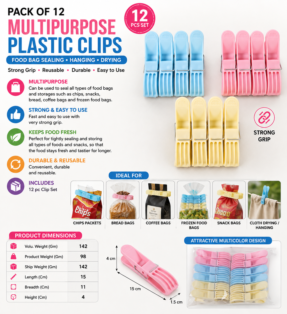 Pack of 12 Multipurpose Plastic Clips – Reusable Food Bag Sealing & Storage Clips | Multicolour