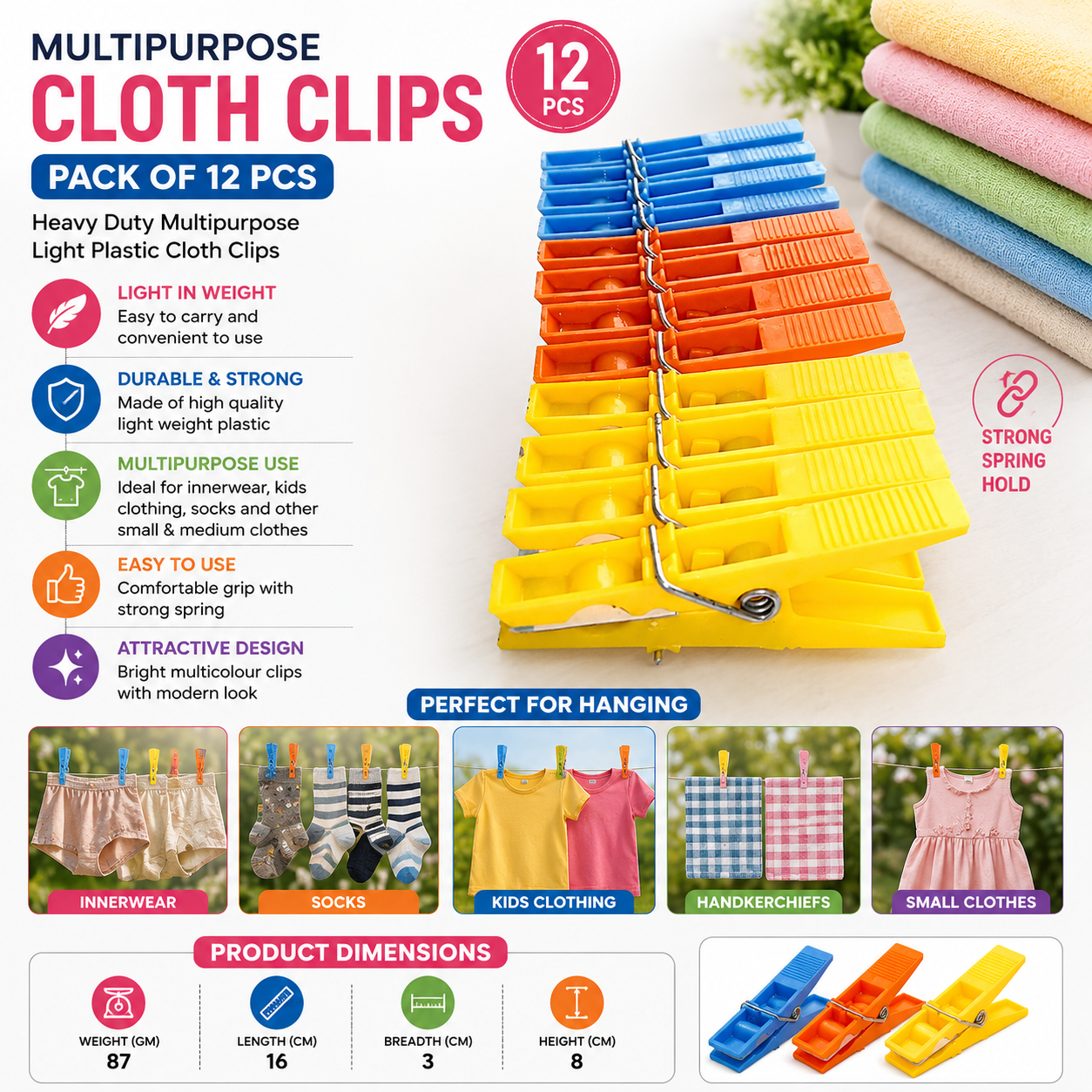 Pack of 12 Multipurpose Cloth Clips – Heavy Duty Plastic Clothes Pegs for Socks, Innerwear & Small Garments | Multicolour