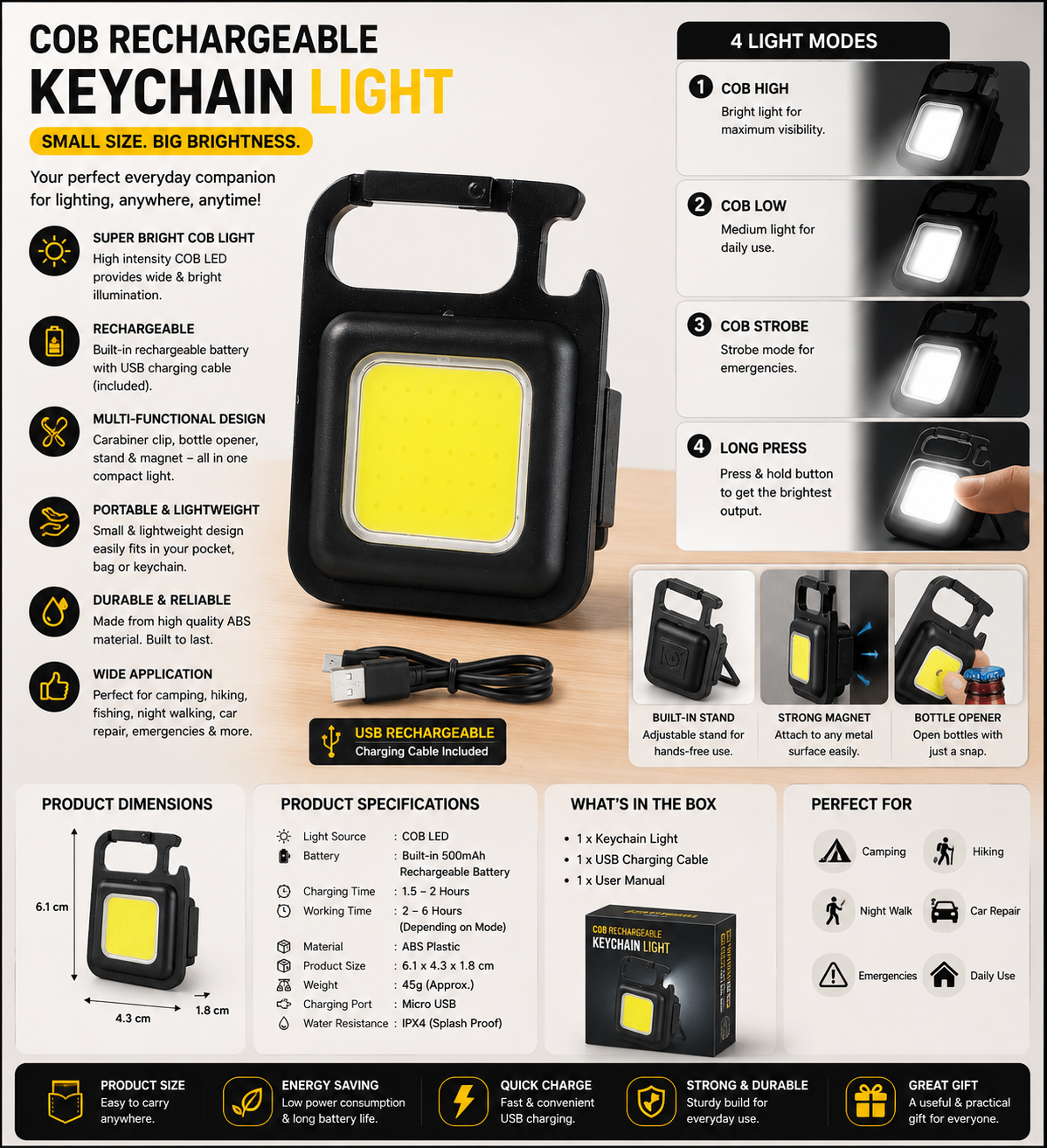 Rechargeable Mini LED Keychain Flashlight with Bottle Opener