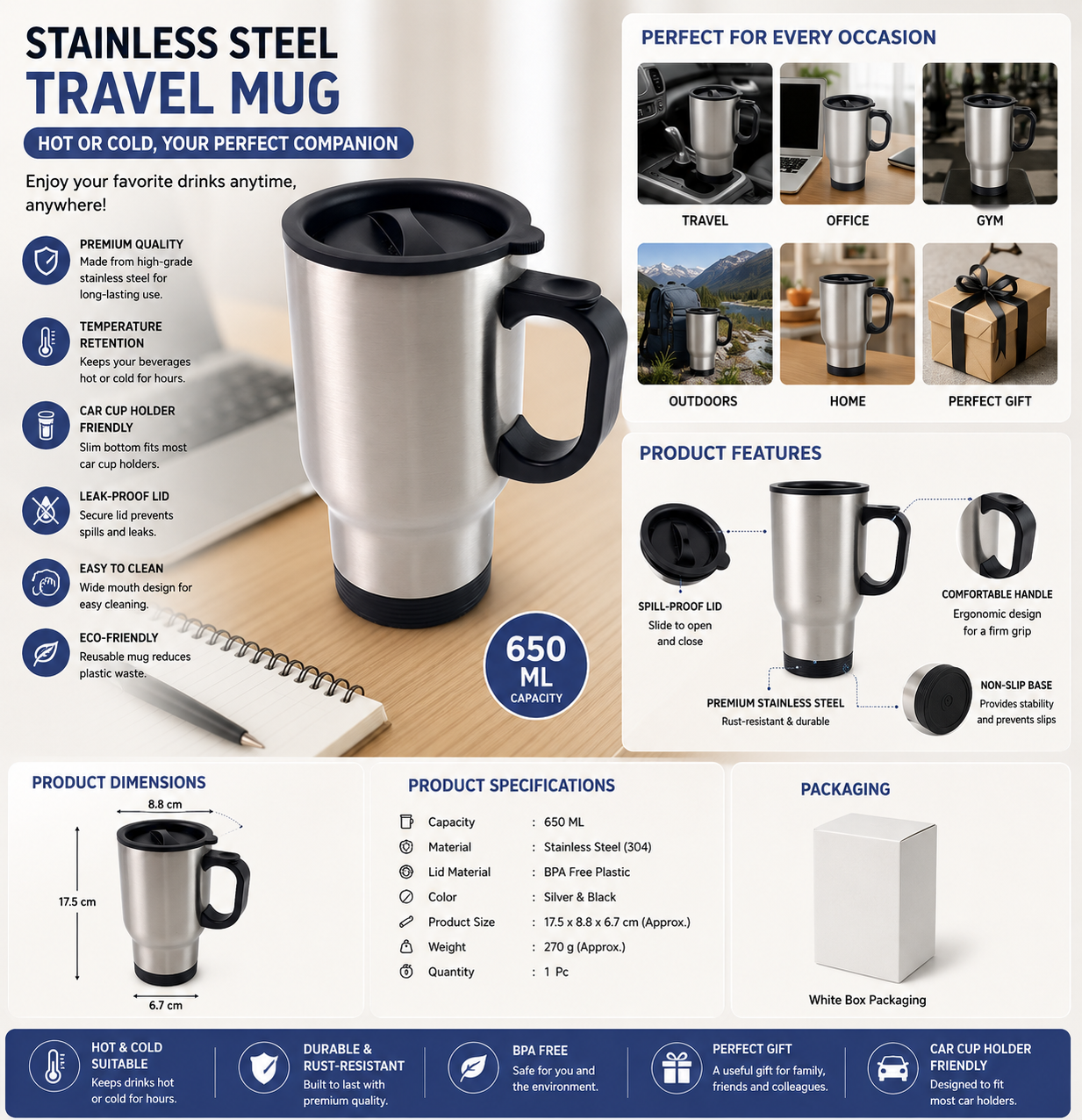 Stainless Steel Vacuum Insulated Travel Coffee Mug with Lid & Handle | Double Wall Hot & Cold Cup