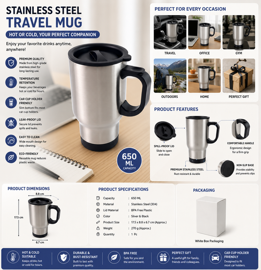 Stainless Steel Vacuum Insulated Travel Coffee Mug with Lid & Handle | Double Wall Hot & Cold Cup