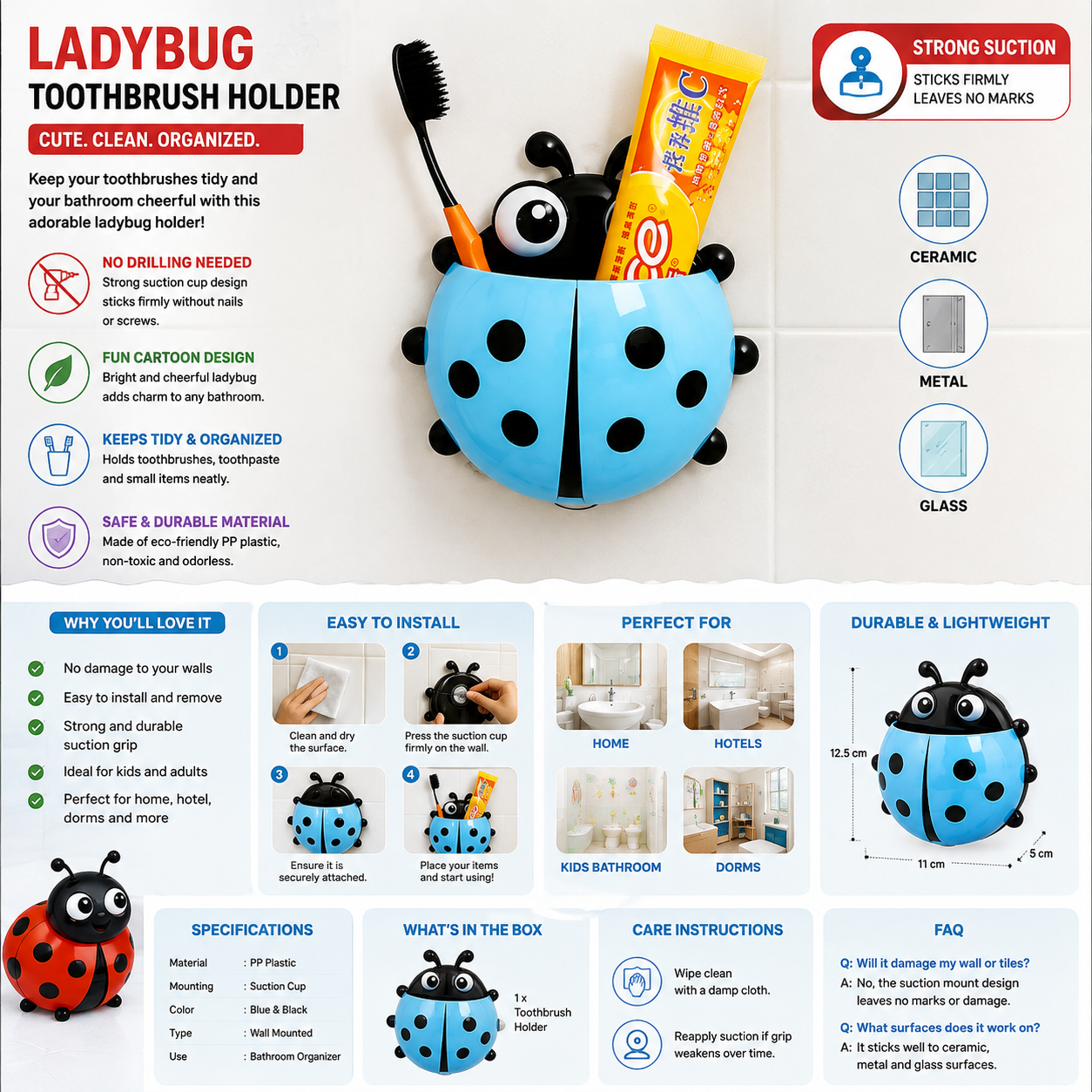 Ladybug Wall-Mounted Toothbrush Holder