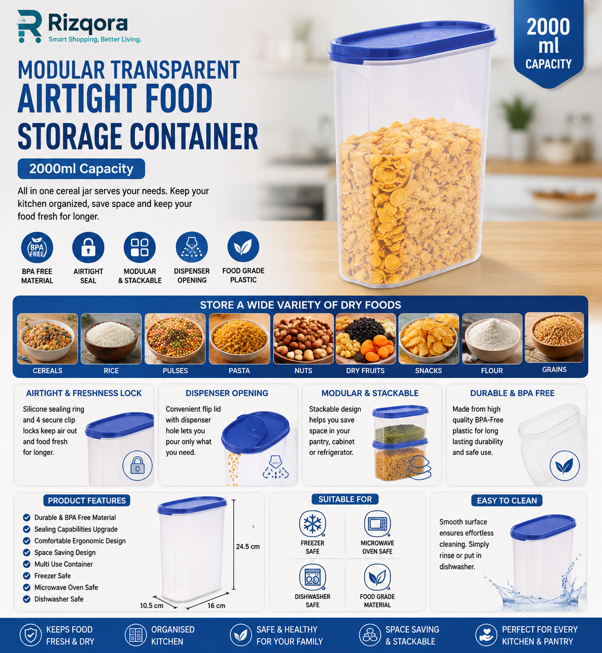 Modular Transparent Airtight Food Storage Container 2000ml – BPA-Free Cereal Dispenser Jar with 4 Clip Locks, Flip...