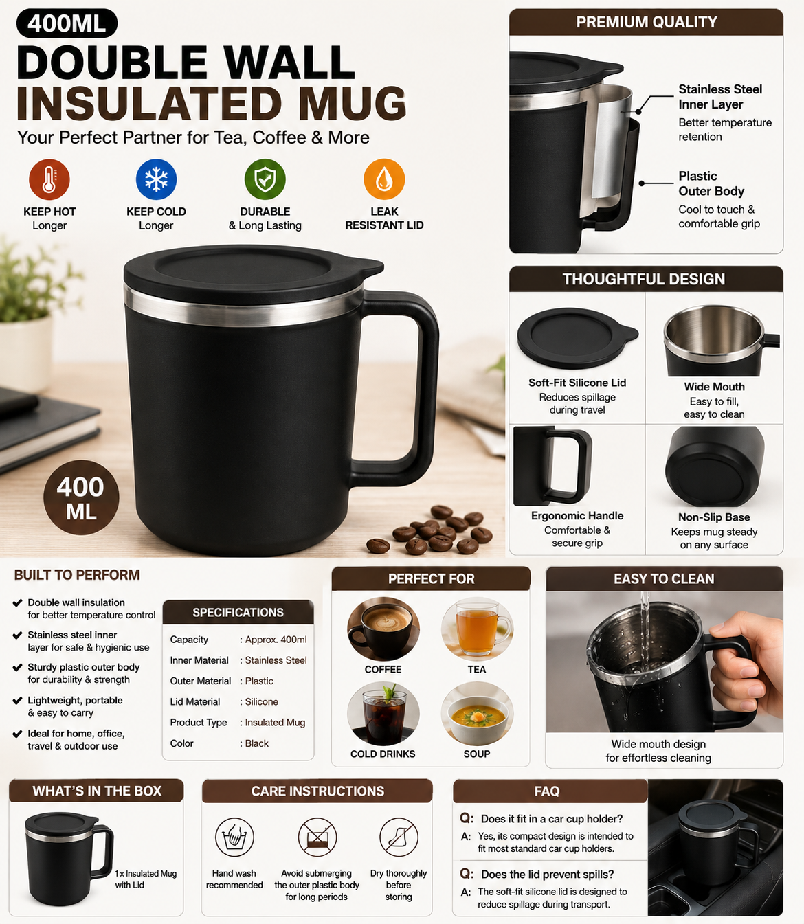 400ml Double-Wall Insulated Coffee Mug with Lid - product photo 2
