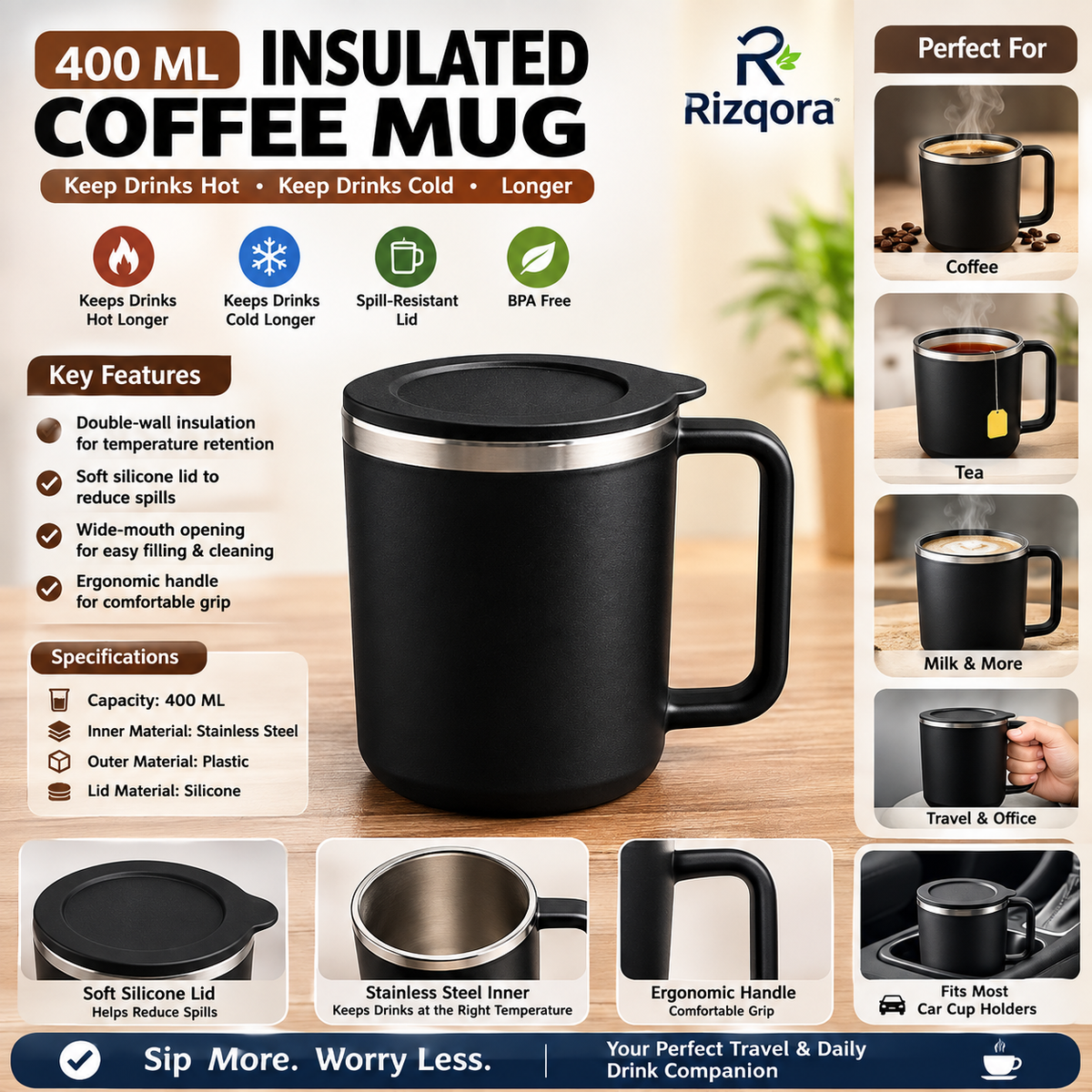400ml Double-Wall Insulated Coffee Mug with Lid