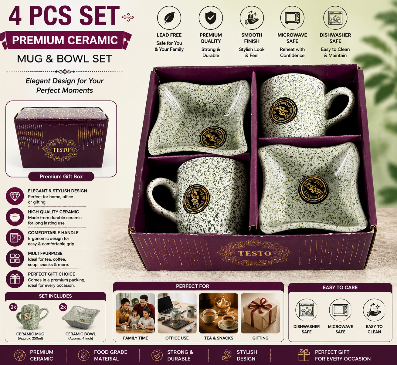 4-Piece Ceramic Teacup & Snack Bowl Gift Set – RIZQORA