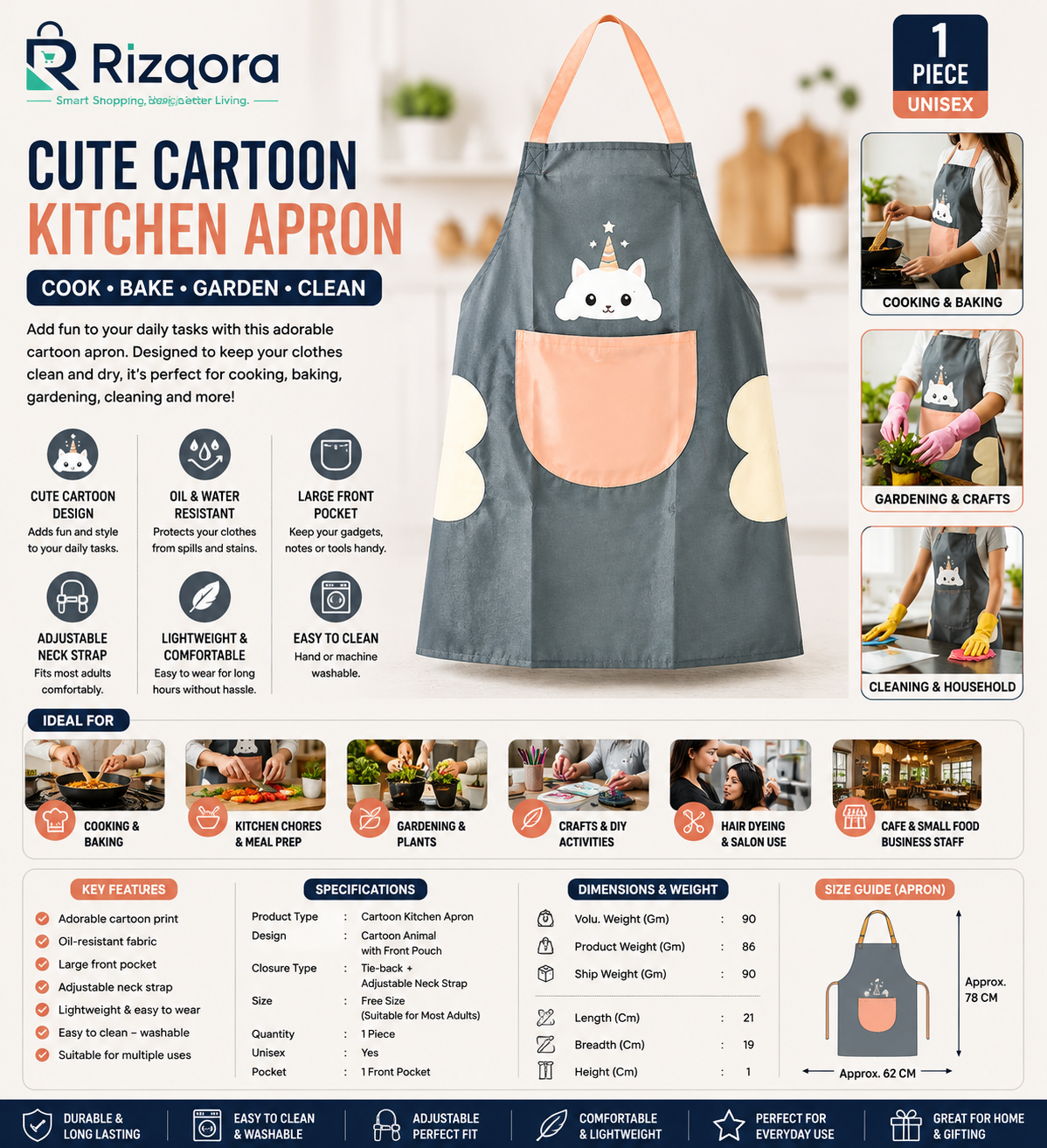 Cute Cartoon Animal Kitchen Apron with Front Pocket – Adjustable Unisex Cooking & Baking Apron for Home, Gardening &...
