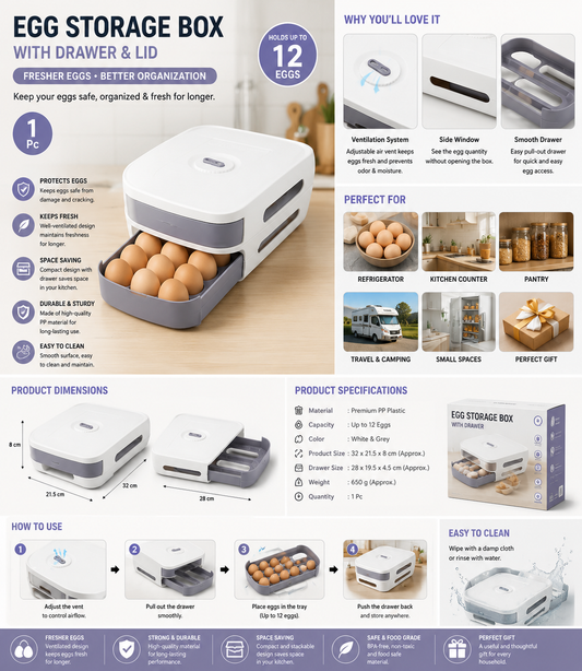 Refrigerator Egg Storage Box with Drawer | Plastic Egg Organizer & Covered Egg Holder