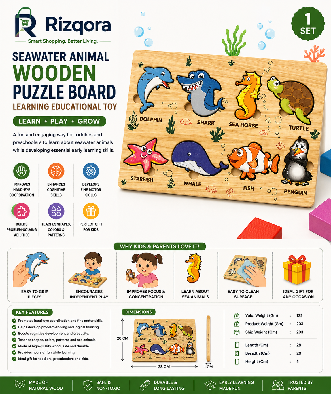 Seawater Animal Wooden Puzzle Board for Kids – Educational Learning Toy for Toddlers & Preschoolers