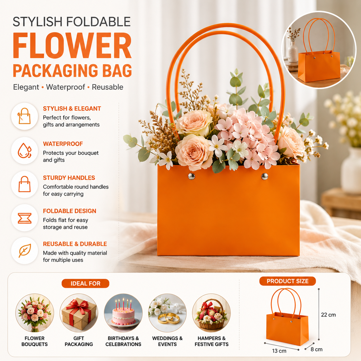 Stylish Foldable Flower Gift Bag with Handle – Waterproof Bouquet Packaging Bag