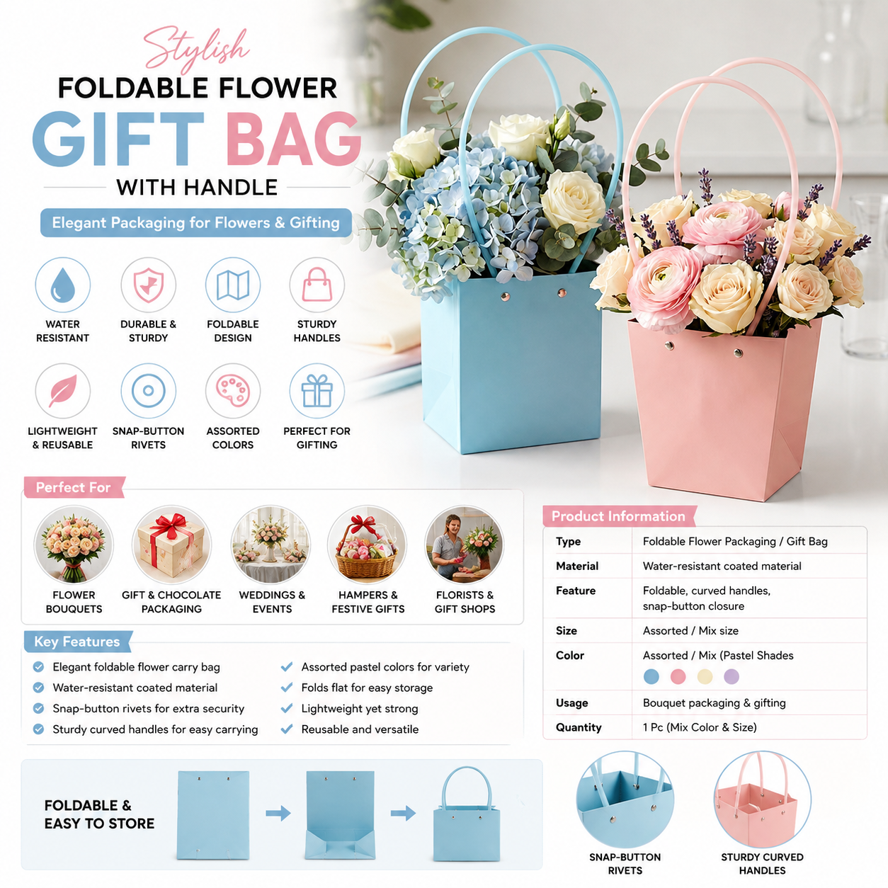 Foldable Flower Gift Bag with Handle
