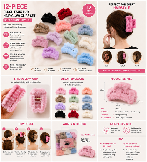 12-Piece Soft Faux Fur Hair Claw Clip Set
