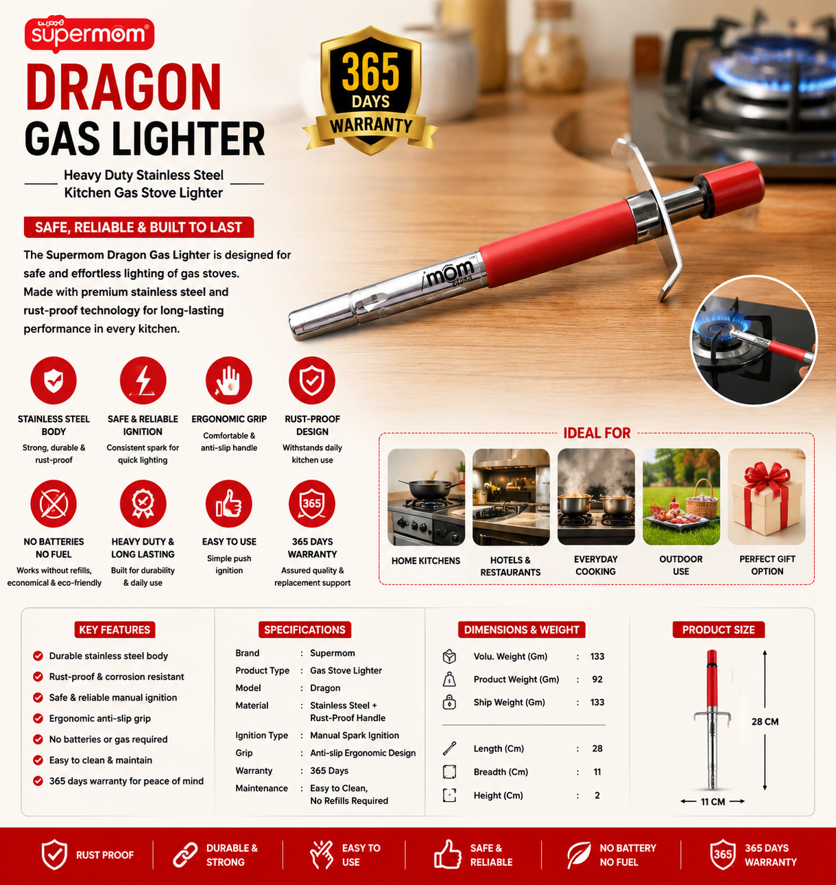 Supermom Dragon Gas Lighter – Heavy-Duty Stainless Steel Kitchen Stove Lighter with Rust-Proof Design