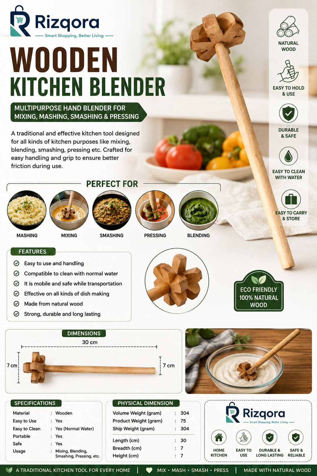 Wooden Kitchen Blender & Masher – Multipurpose Handheld Tool for Mixing, Mashing, Smashing & Pressing