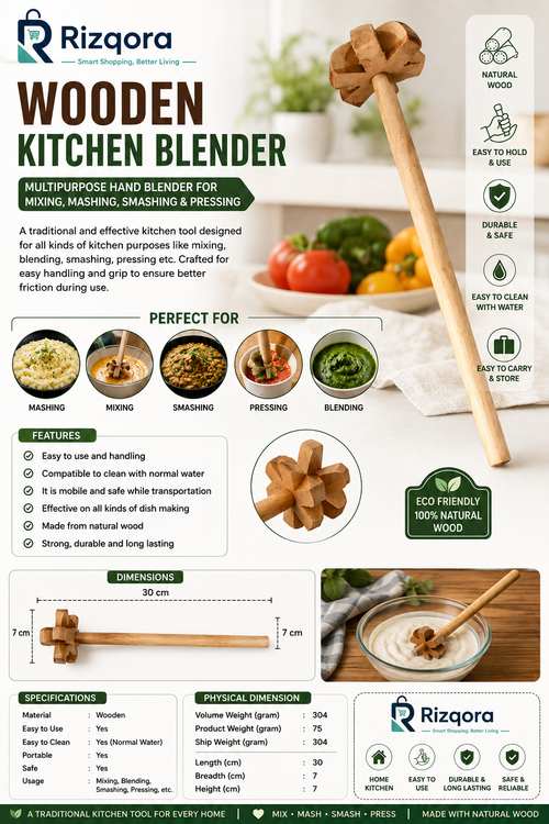 Wooden Kitchen Blender & Masher – Multipurpose Handheld Tool for Mixing, Mashing, Smashing & Pressing