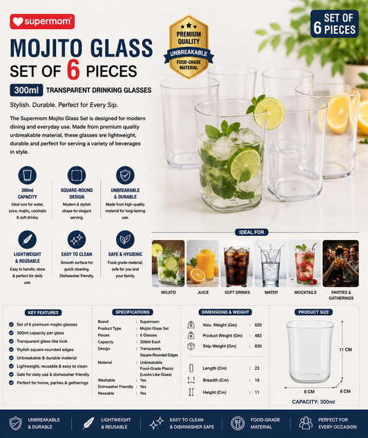 Supermom Mojito Glass Set of 6 – 300ml Transparent Unbreakable Drinking Glasses for Water, Juice & Mocktails